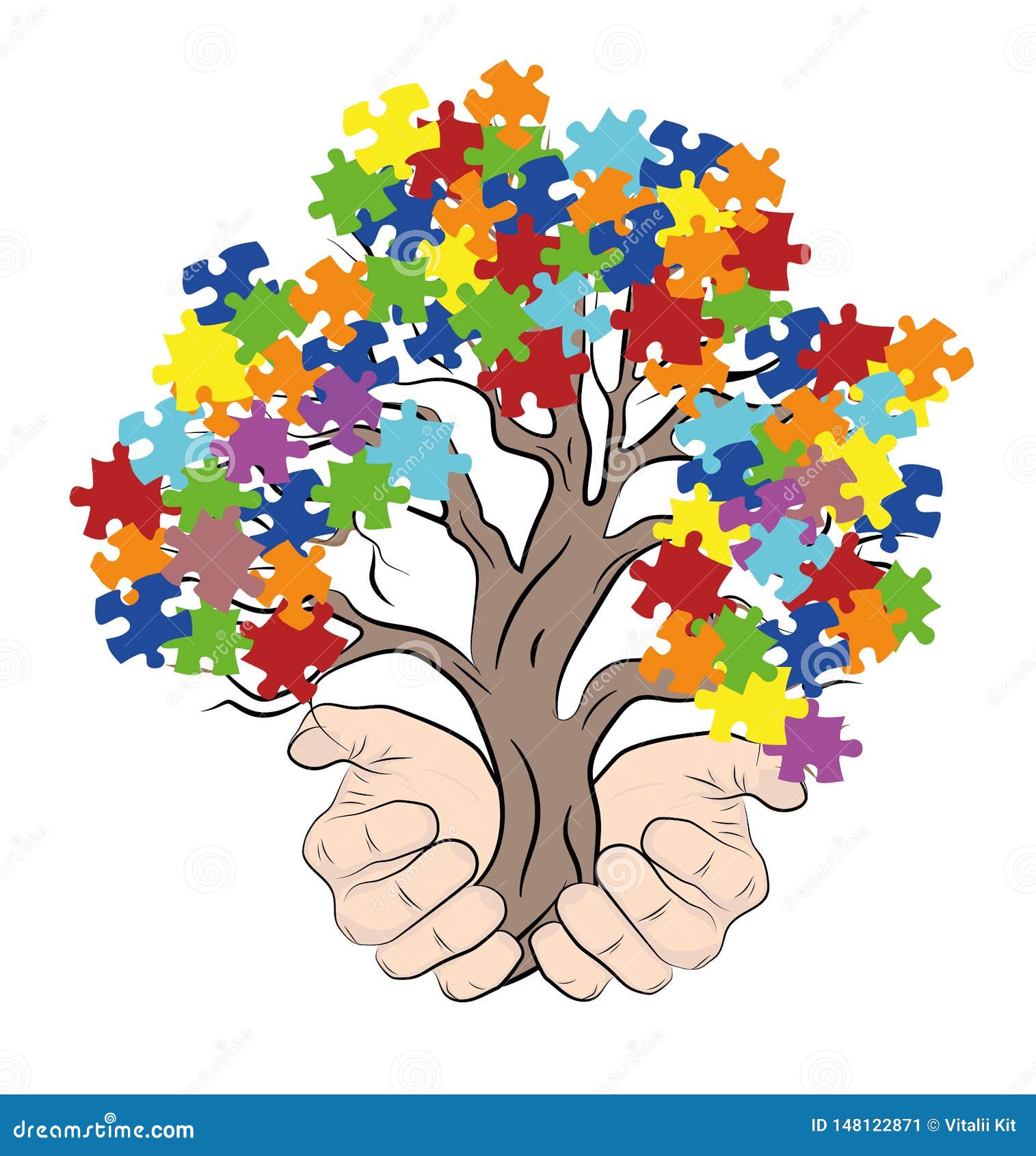 hands holding a tree with puzzles. autism.  .